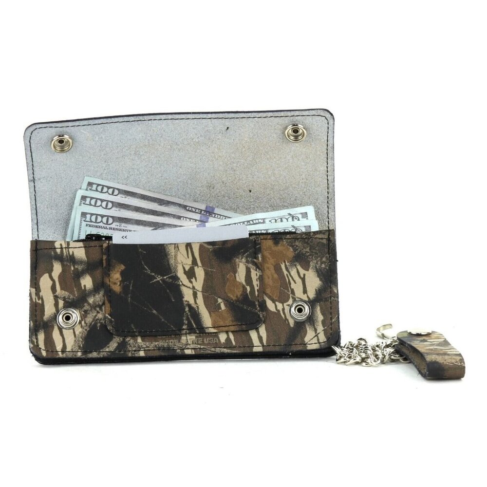 Handcrafted HM Camo Camouflage LEATHER Trucker Biker 7.5"x3" Chain Wallet USA - Picture 2 of 4